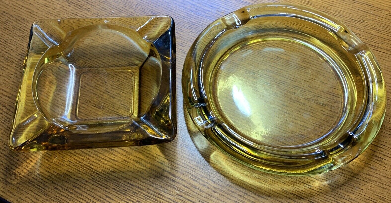1970\'s Amber Glass Ashtray Set 6” & 8” Vintage Collectible
