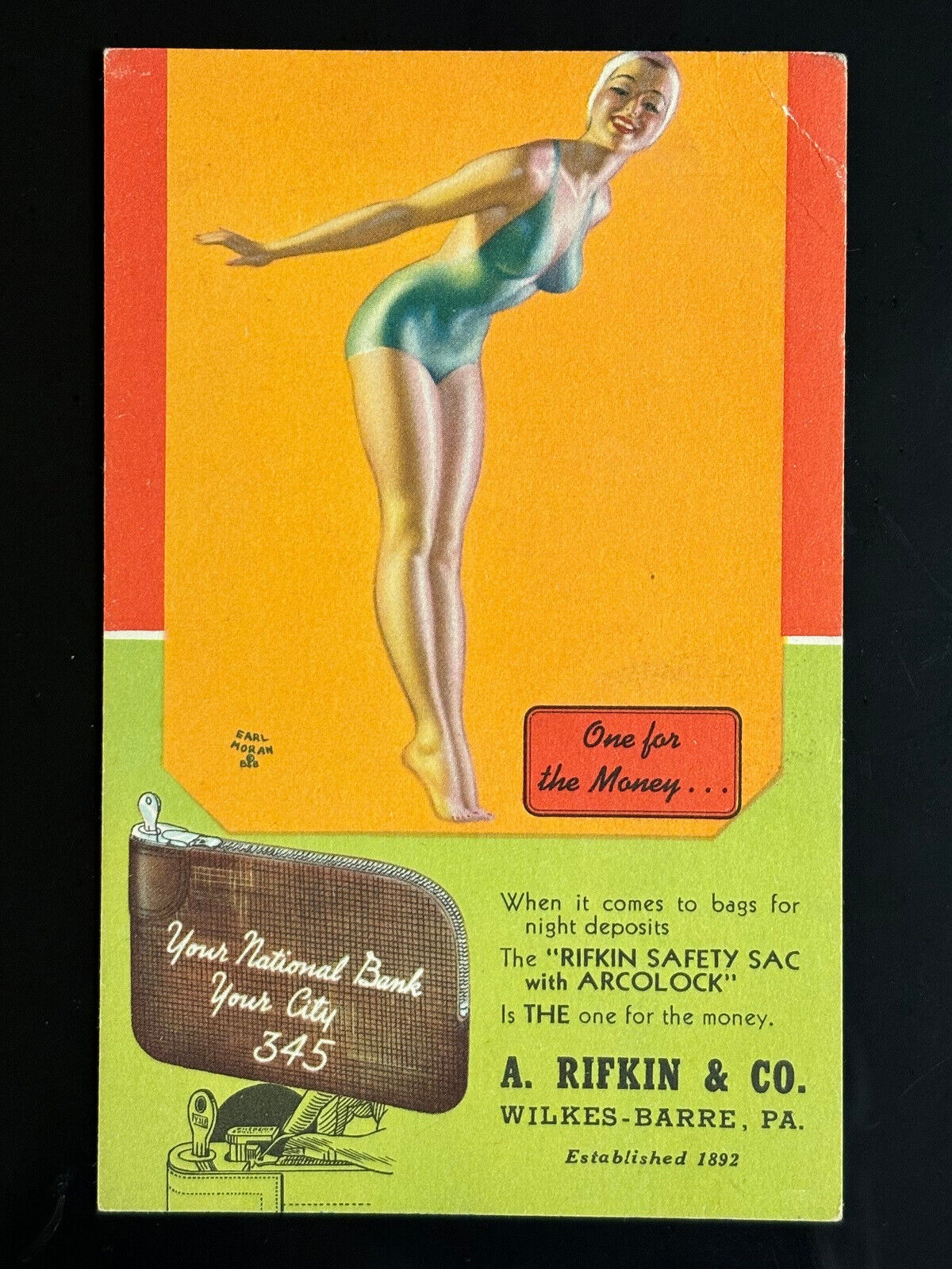 Rifkin Bank Advertisement Postcard 1940\'s Swimsuit Pinup Girl Art by Earl Moran