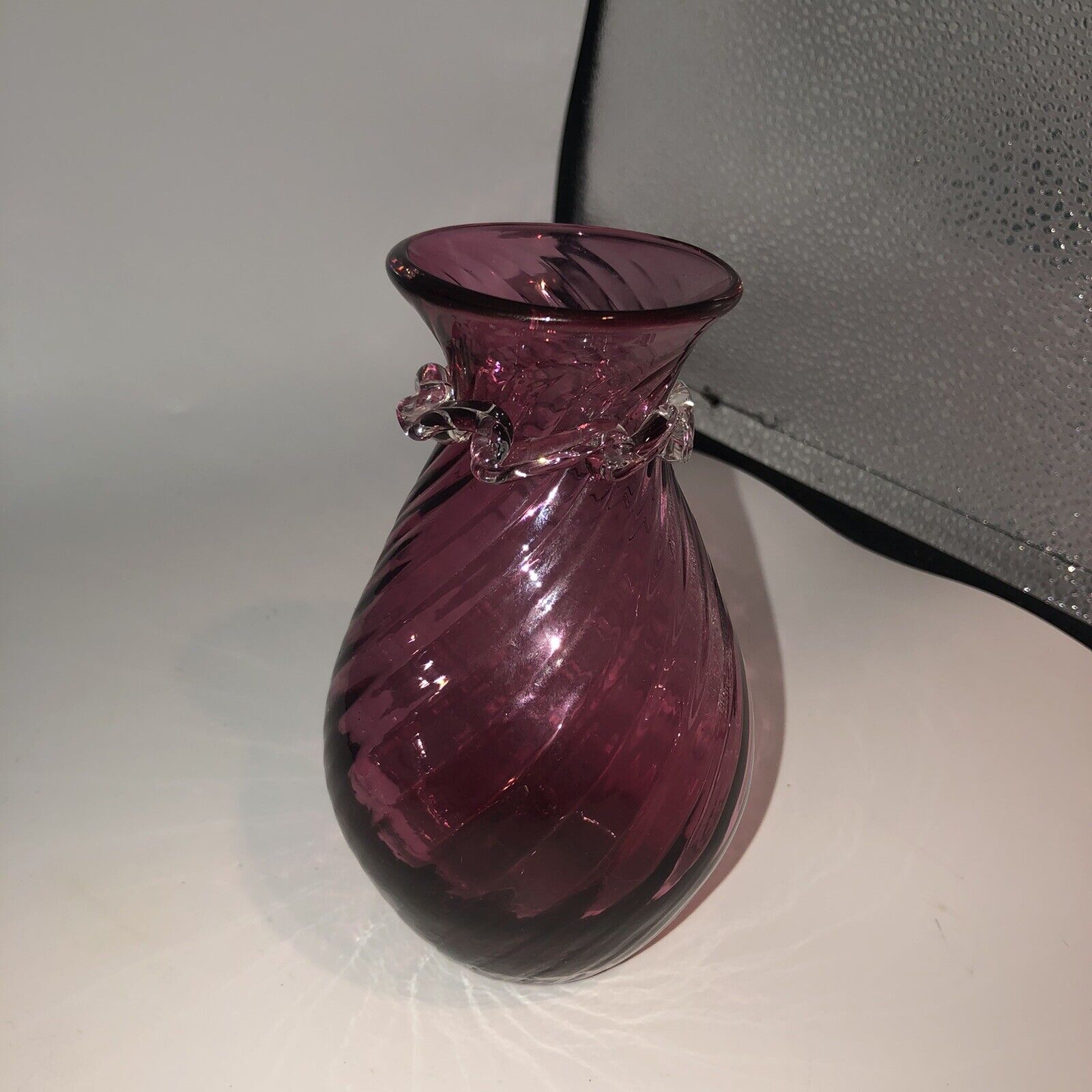Vintage Blown Cranberry Glass 6” Vase Clear Applied Nice
