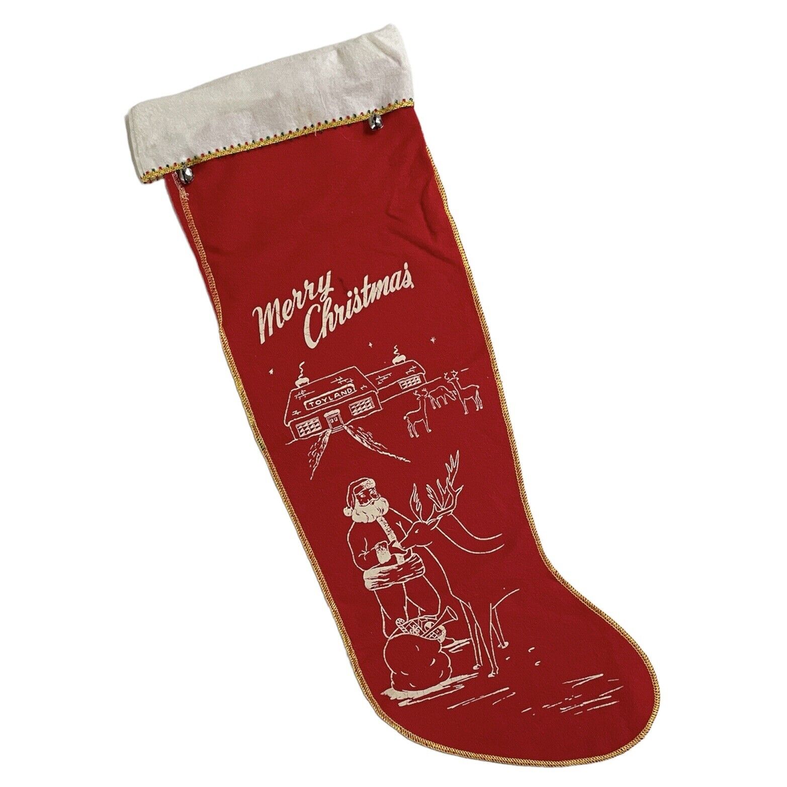 Jumbo VINTAGE Merry Christmas Felt Stocking SANTA St. Nick Reindeer Toyland 26\'\'