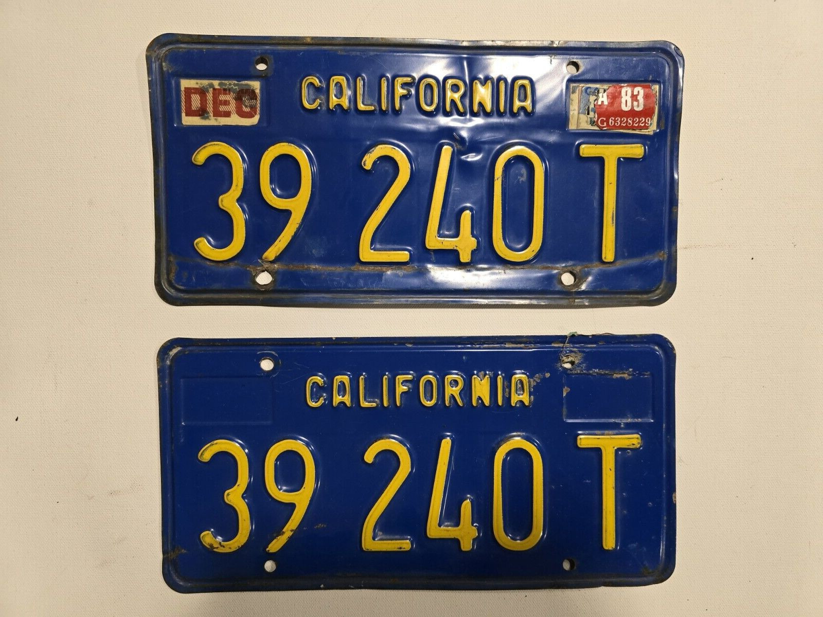 1983 Blue Yellow California License Plate Pair 39 240T~ 2 Plate Set-Vintage
