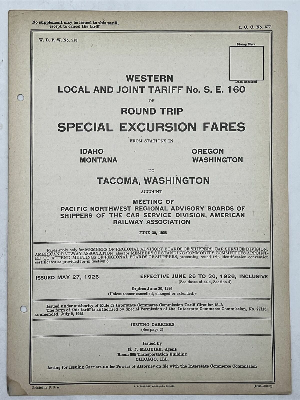 1926 WESTERN PASSENGER ASSOCIATION LOCAL AND JOINT TARIFF No SE 160 Tacoma WA
