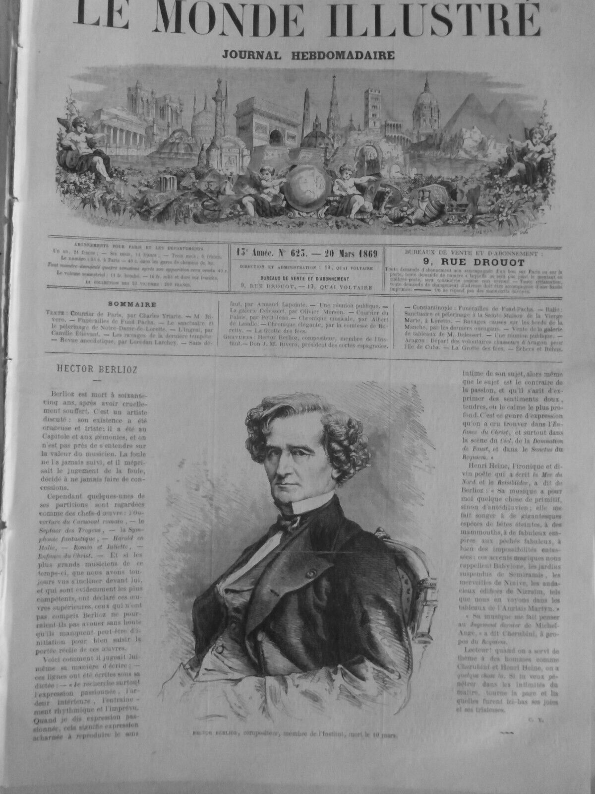1869 HECTOR BERLIOZ PORTRAIT 1 ANTIQUE NEWSPAPER