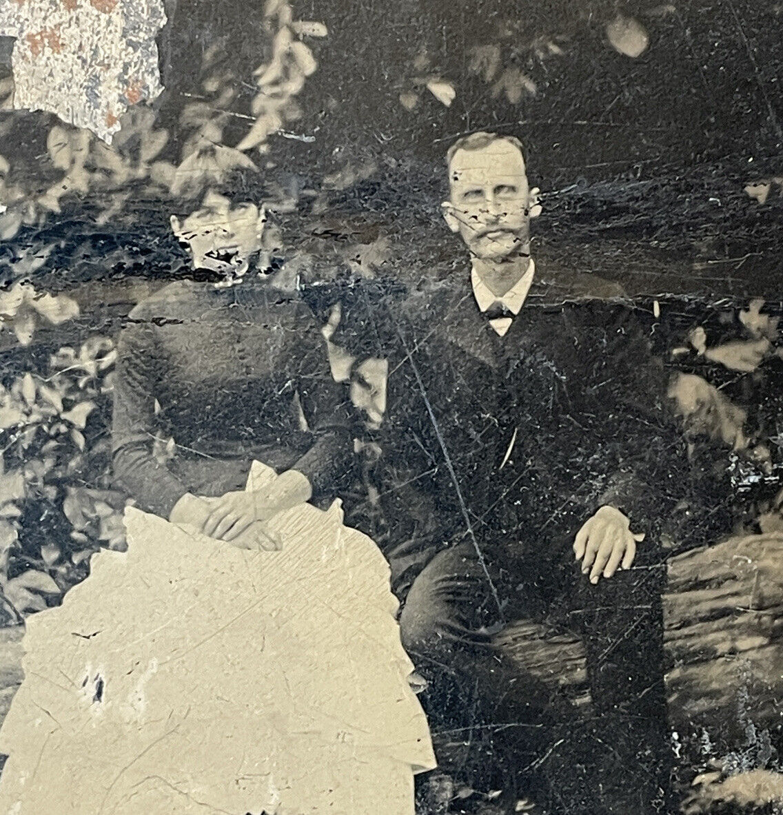 Antique Tintype Photo Portrait - Handsome American Couple Posing In The Garden