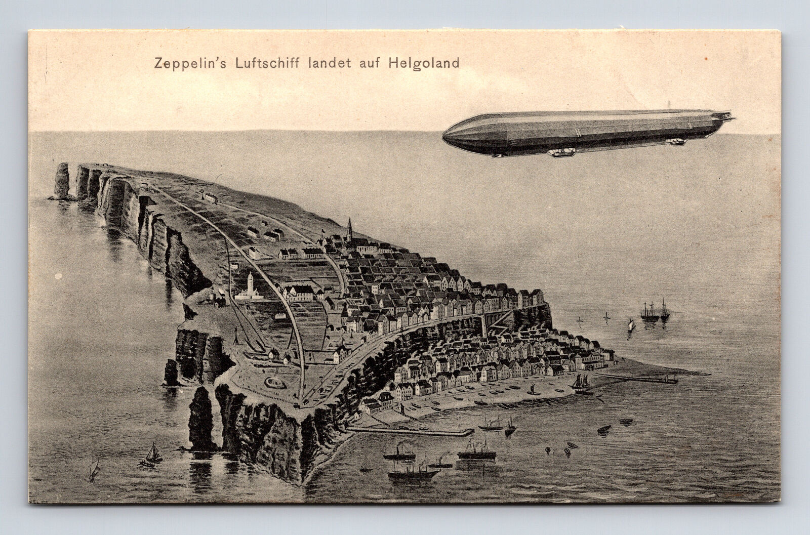 Rare German Zeppelin Airship Landing on Helgoland Heligoland Germany Postcard