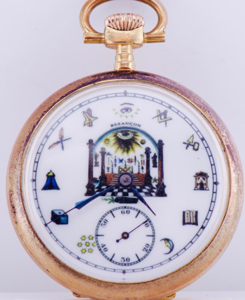 Antique Pocket Watch French Masonic with Fancy Dial c1900\'s-Gold Plated Case