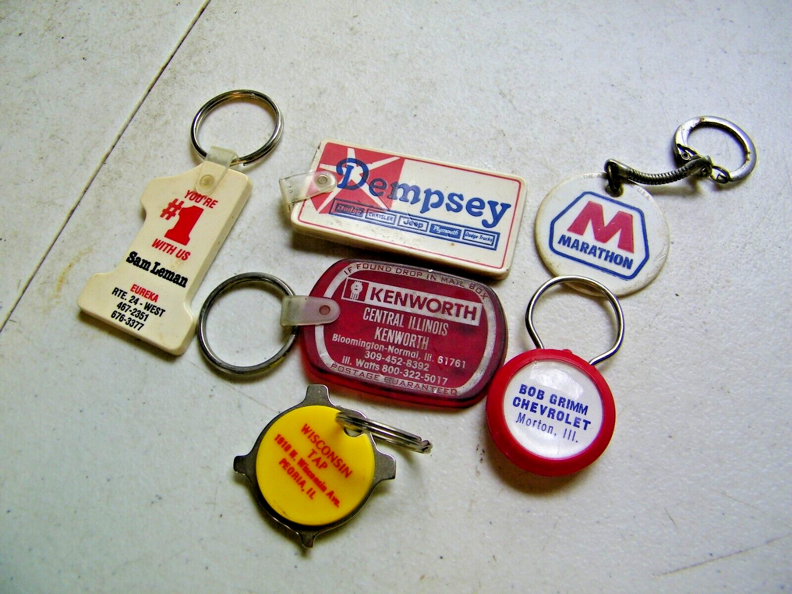 Vintage Marathon Gas Station Key Chain Chevrolet, Kenworth, Dempsey, Peoria IL