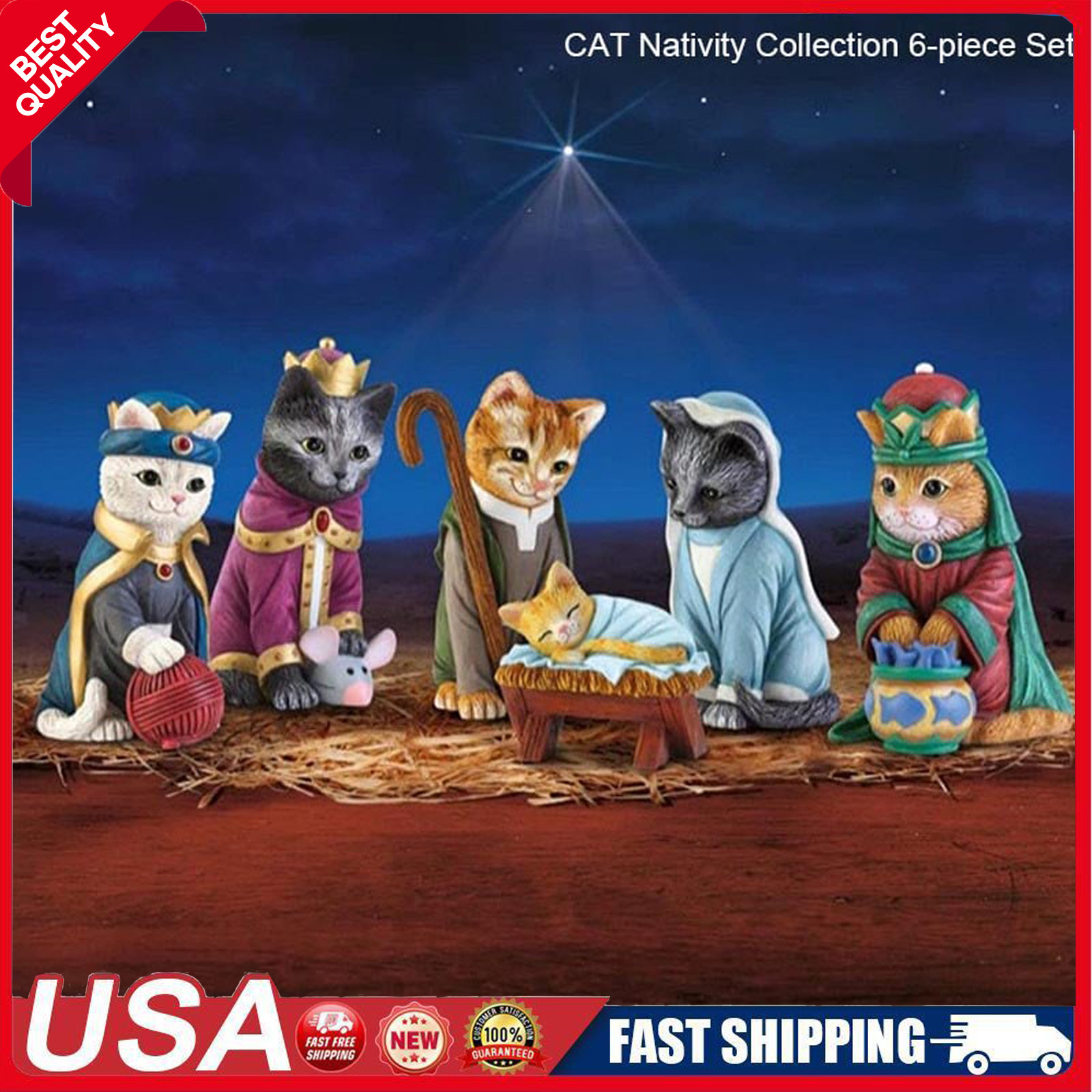 6X Christmas Nativity Set Resin Cat Royal Crafts Statue Home Tabletop Ornaments