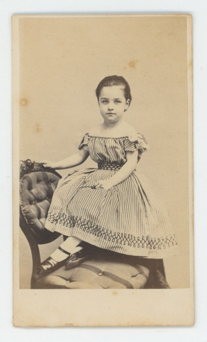 Antique CDV Circa 1870s Adorable Little Girl in Dress on Chair Masury Boston, MA