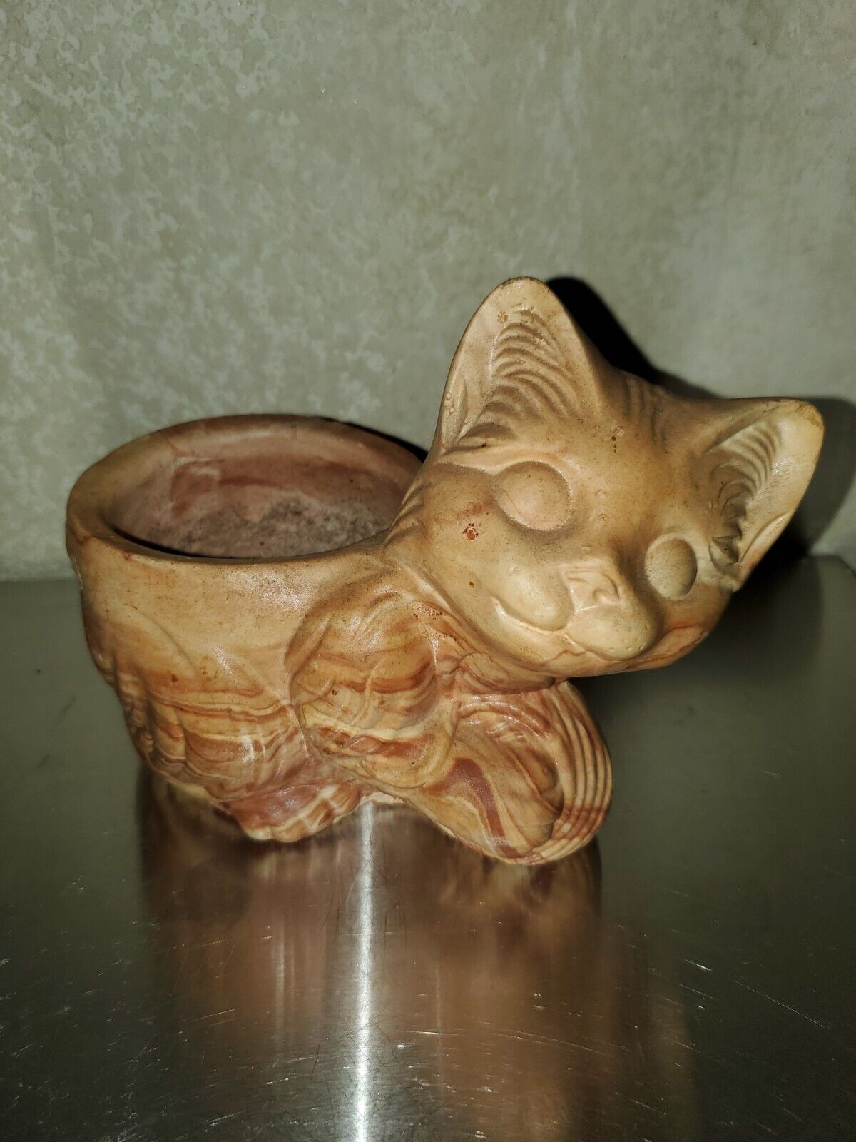 Adorable Pottery Kitty Cat Pot Planter Food Dish. Unique Swirl Color & Pattern
