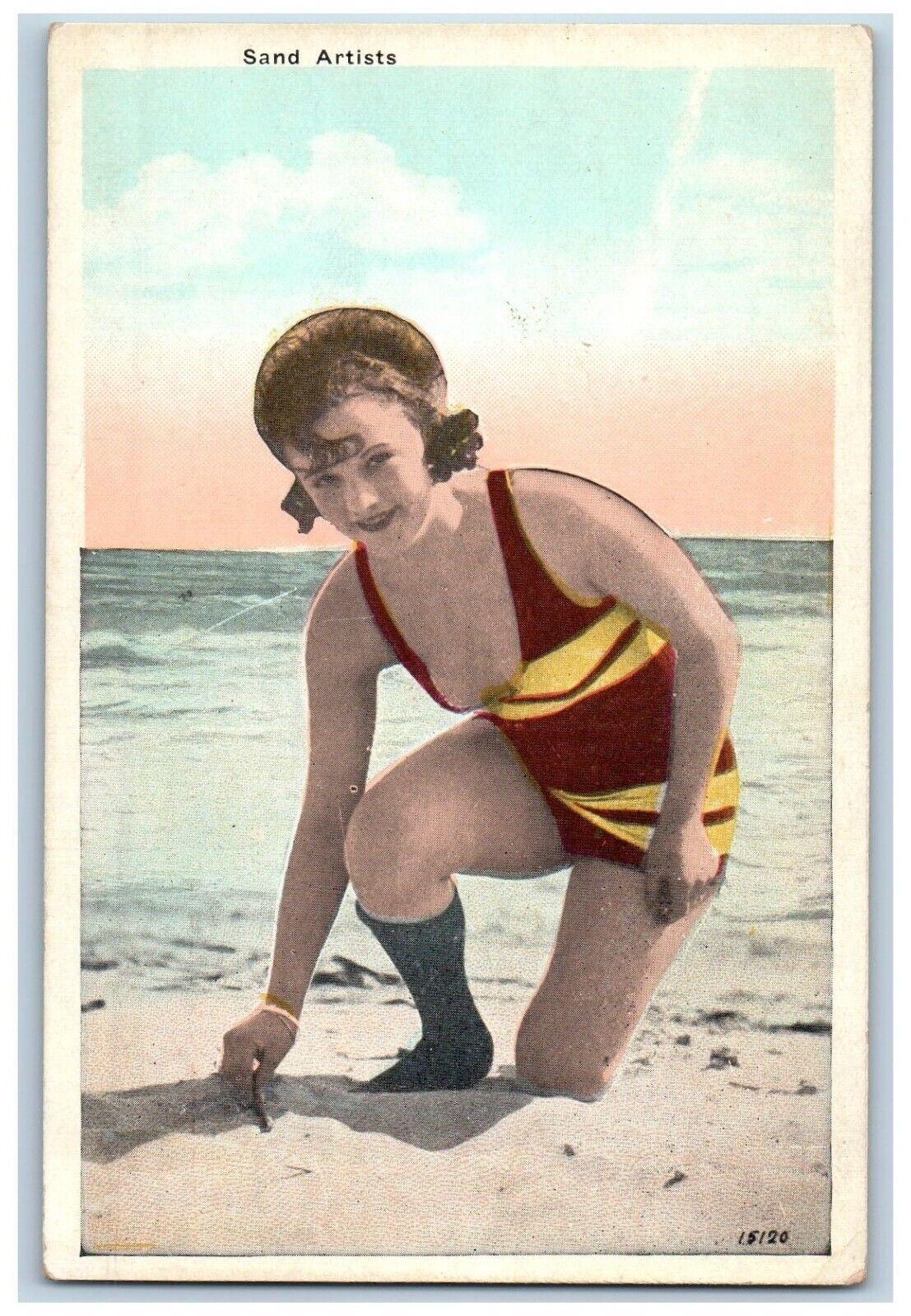 Beach Bathing Beauty Postcard Sand Artists Sunbathing c1930's Unposted Vintage