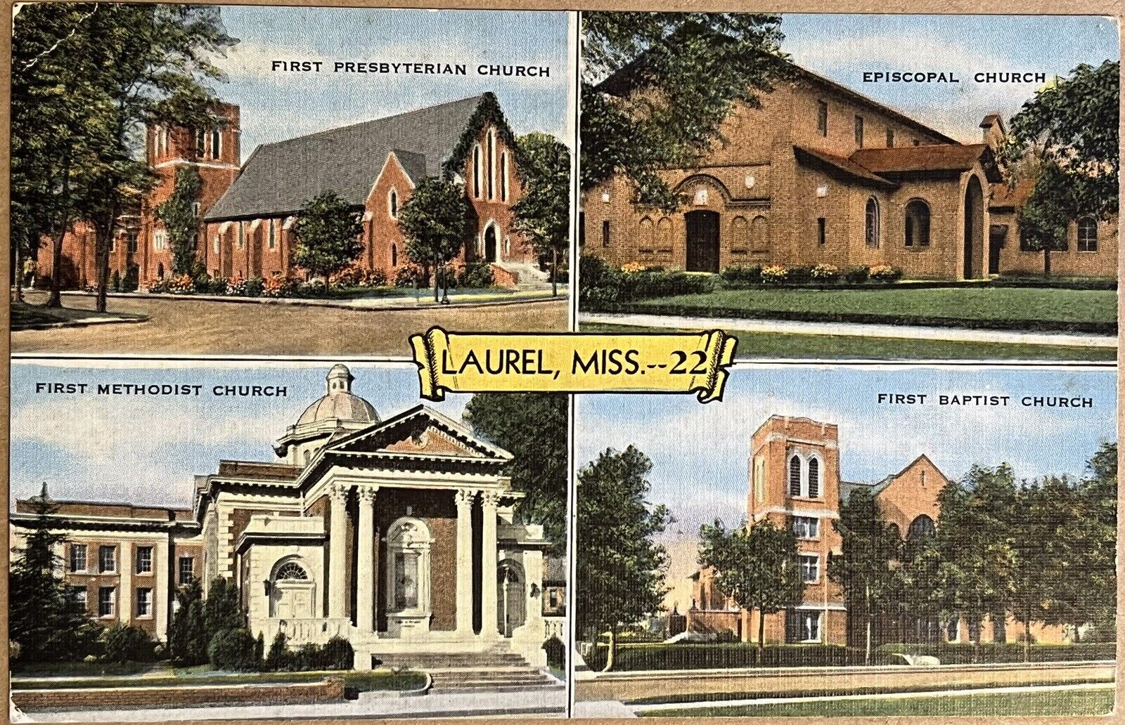 Laurel Mississippi Churches MultiView Vintage MS Postcard c1930