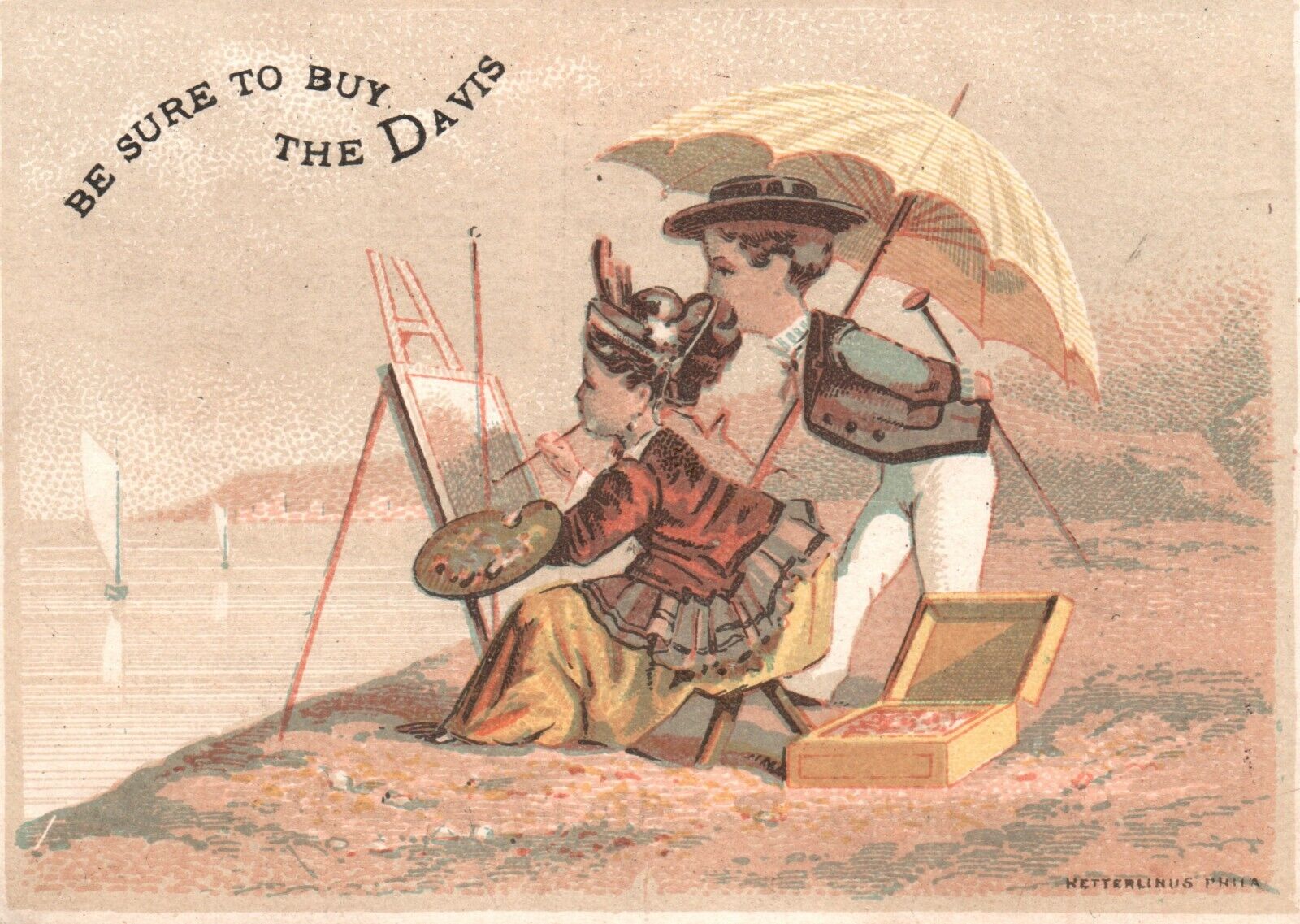 1880s-90s Be Sure to Buy the Davis Man & Woman on Beach Painting Sewing Machine