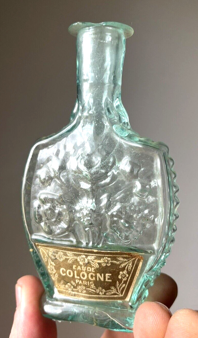 NICE EARLY LABELED COLOGNE BOTTLE W/FLOWERS & RIBS OPEN PONTIL 1840'S ERA L@@K
