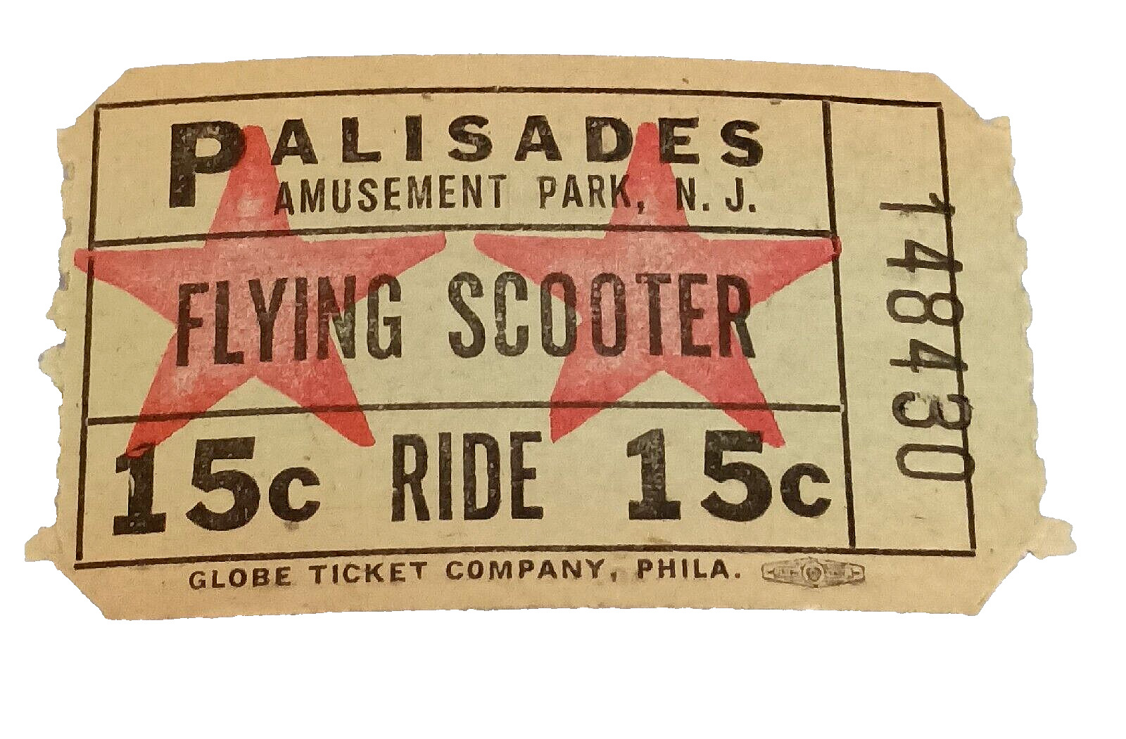 Vtg Palisades Amusement Park NJ  Flying Scooter 15 Cent Ticket 1950-60\'s Unused