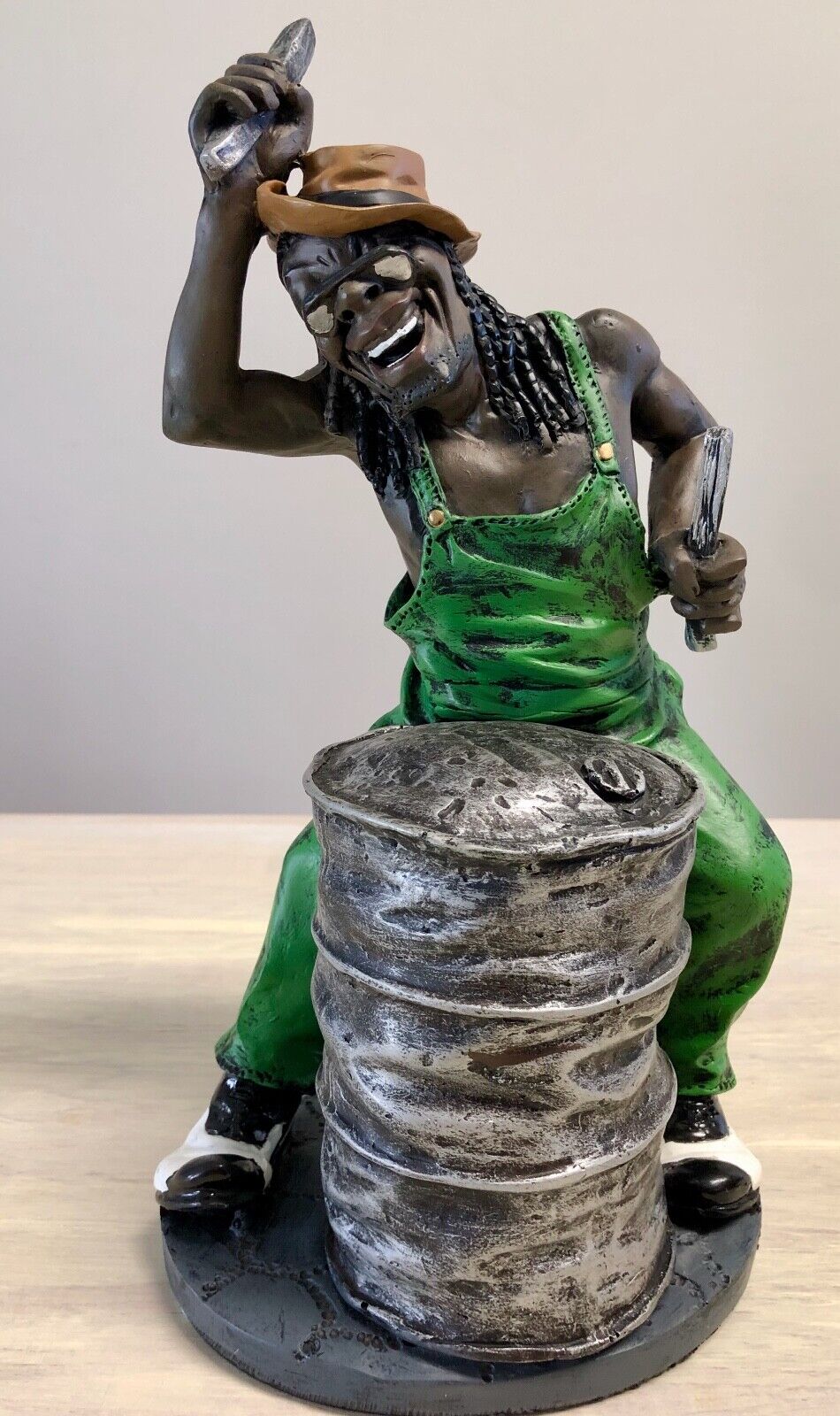 Reggae Rasta Steel Pan Drummer Hand Sculpted Clay Statue Signed Vintage