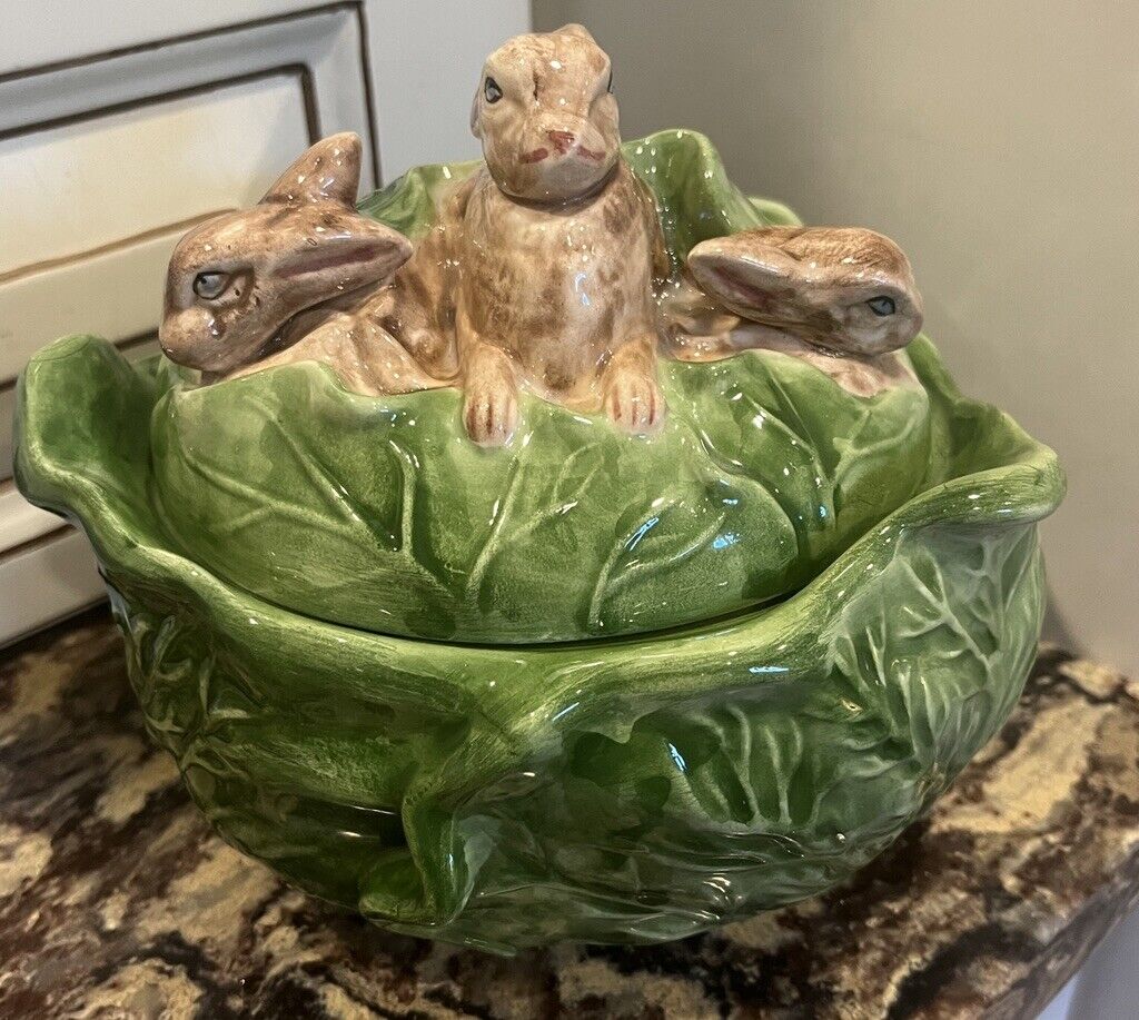 Vintage Holland Mold Ceramic Cabbage Bowl with Lid Bunny Dish