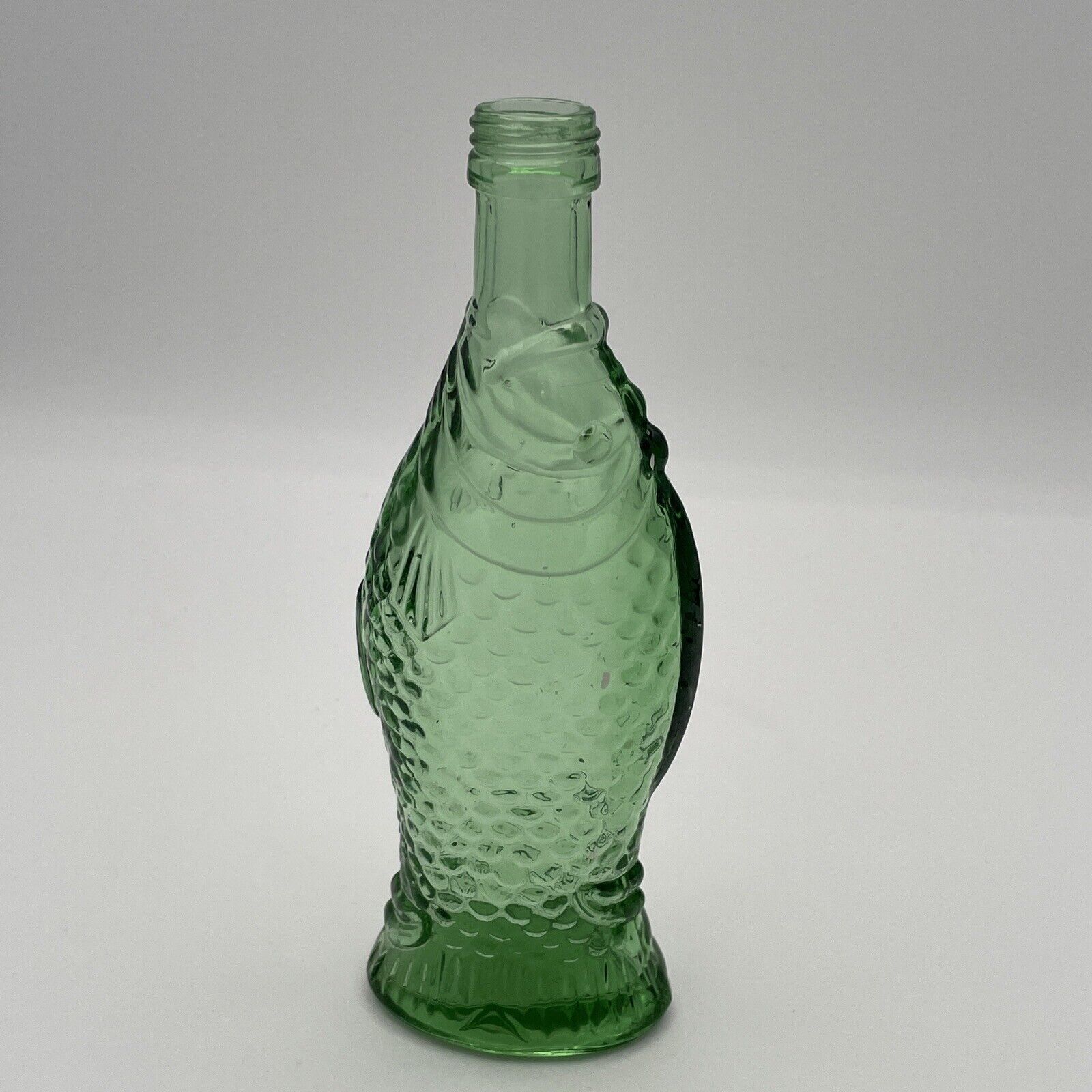 Vintage Glass Bottle Fish Shaped Green Ornate Decanter 7-3/4” Tall 3” Italy