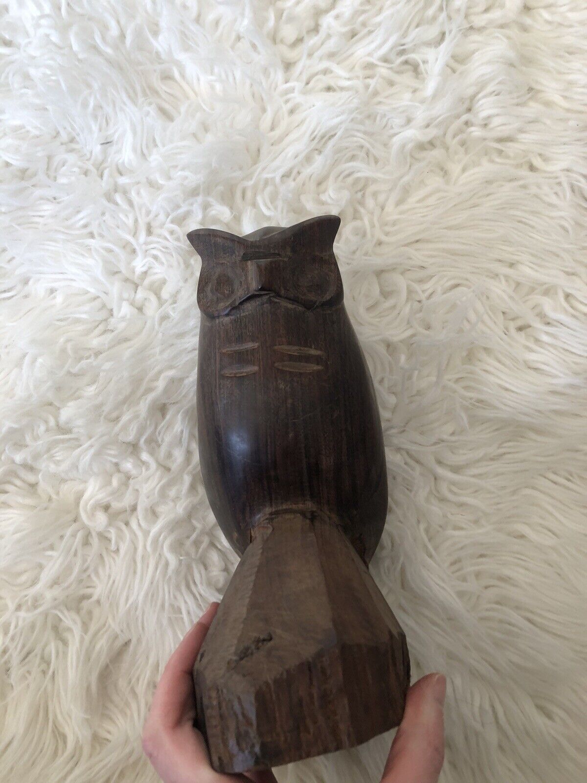 Vintage Mid Century Handmade Carved Ironwood Owl On Perch Heavy. C8