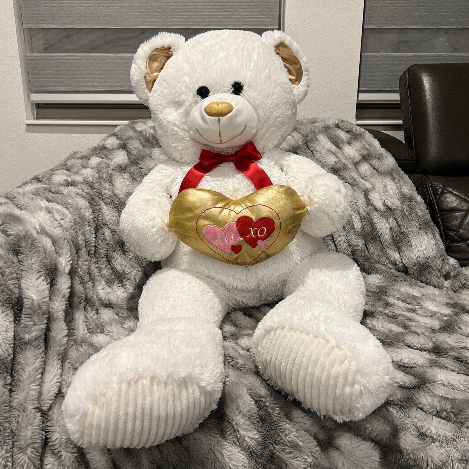 Big 3 Feet Tall white/red Valentine's Day bear holding a golden heart