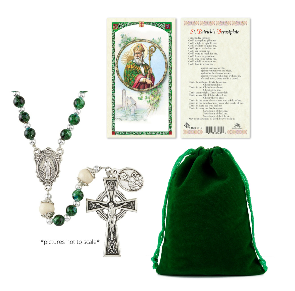 Irish Celtic Green Marbled Rosary with Laminated St. Patrick Prayer Card & Pouch