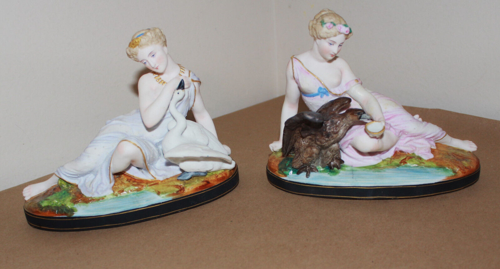 2 Antique French Letu & Mauger Bisque Porcelain Figurine Leda Swan Hebe Eagle 7\
