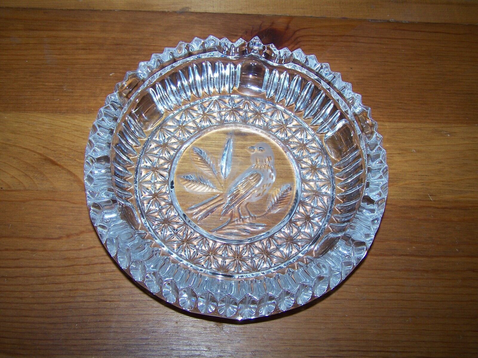 Large Vintage Glass Crystal Ashtray Cigarette Cigar Heavy Bird Etching