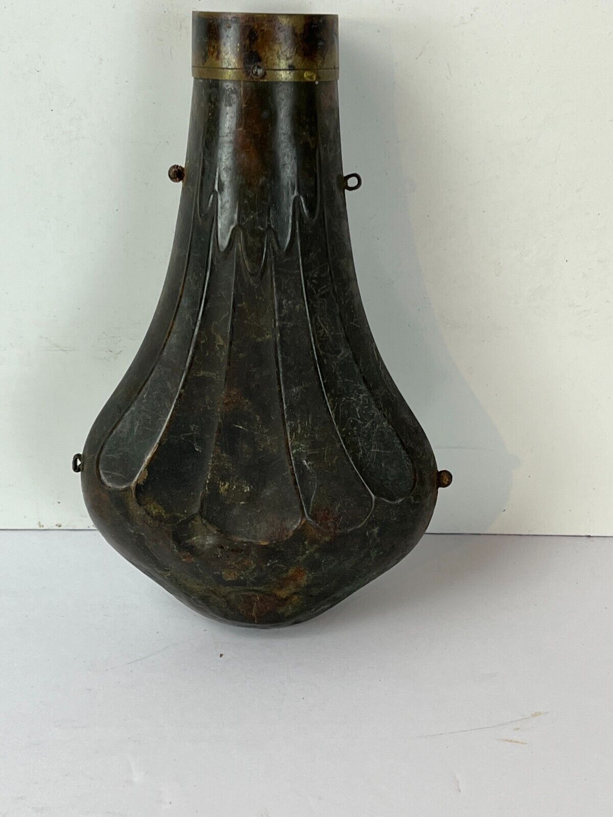 Antique Brass Bronze Black Gun Powder Flask Shell Vintage Metal Shell Floral