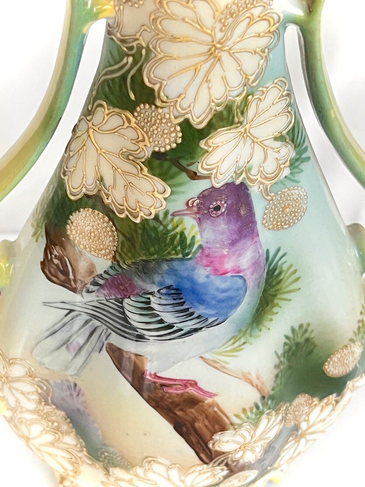 Nippon Vase Moriage Bird Hand Painted Antique Nippon Porcelain Gold Maple Leaf