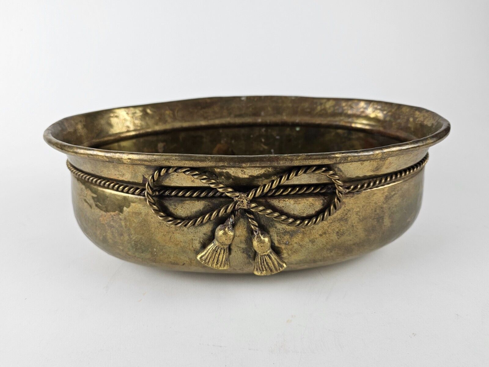 Vintage Gold Round Hammered Brass Planter Pot Ribbon Rope and Tassel Design