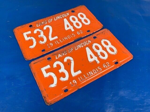 Vintage 1962 Illinois Matched Pair White Orange Car Auto License Plates 532 488