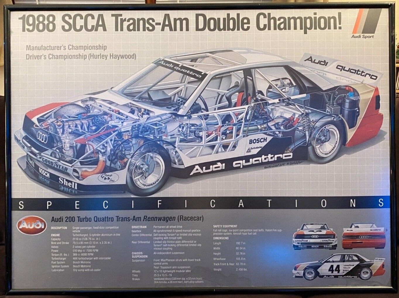 Rare Framed Audi 1988 SCCA Trans-Am Cutaway Dealer Print Poster (50x37)