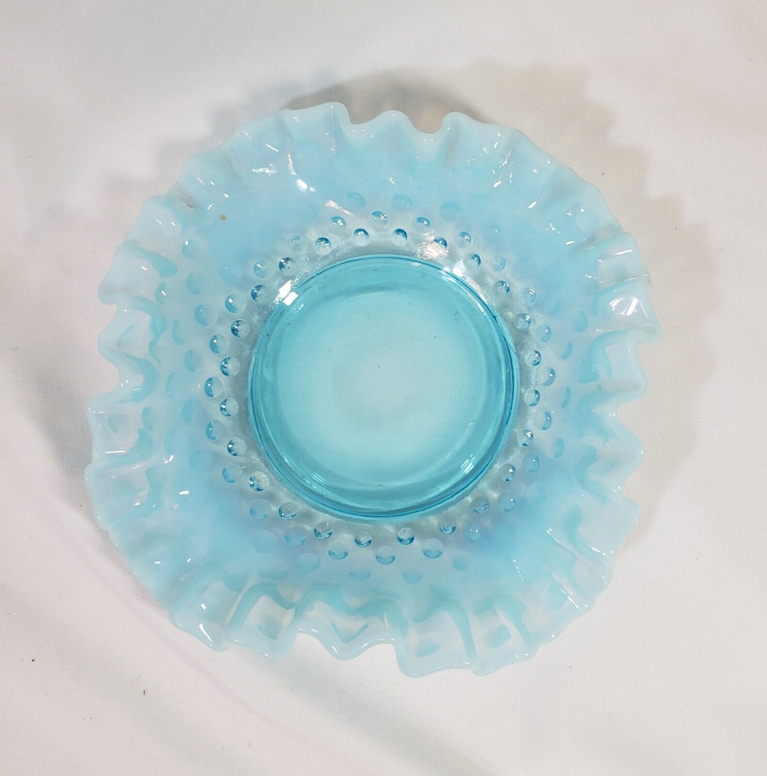 Vintage Fenton Blue Ruffled  Hobnail Glass Serving Candy Dish