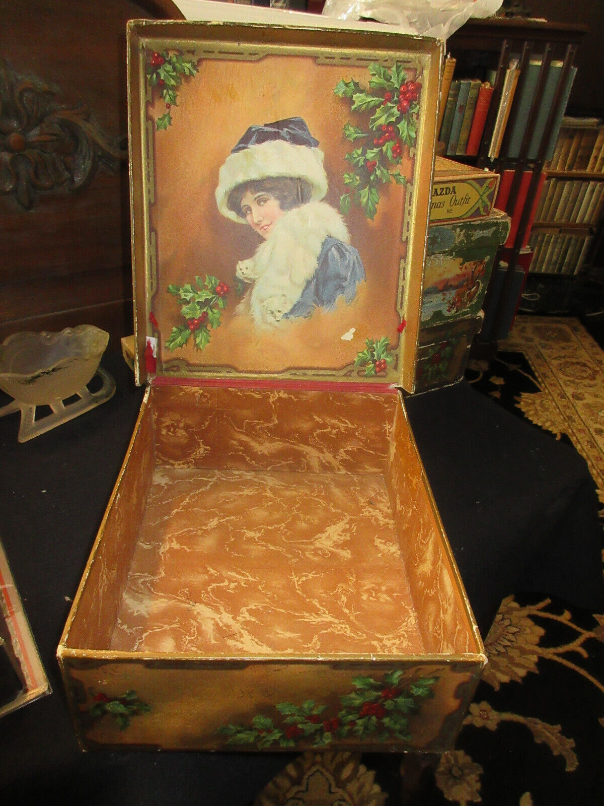 Primitive past Antique Victorian Christmas Box with Lithographed Victorian Lady1