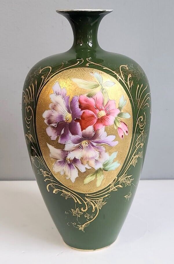 Antique RS Germany Hand Painted Porcelain Floral Gold Encrusted Vase 8 1/2\
