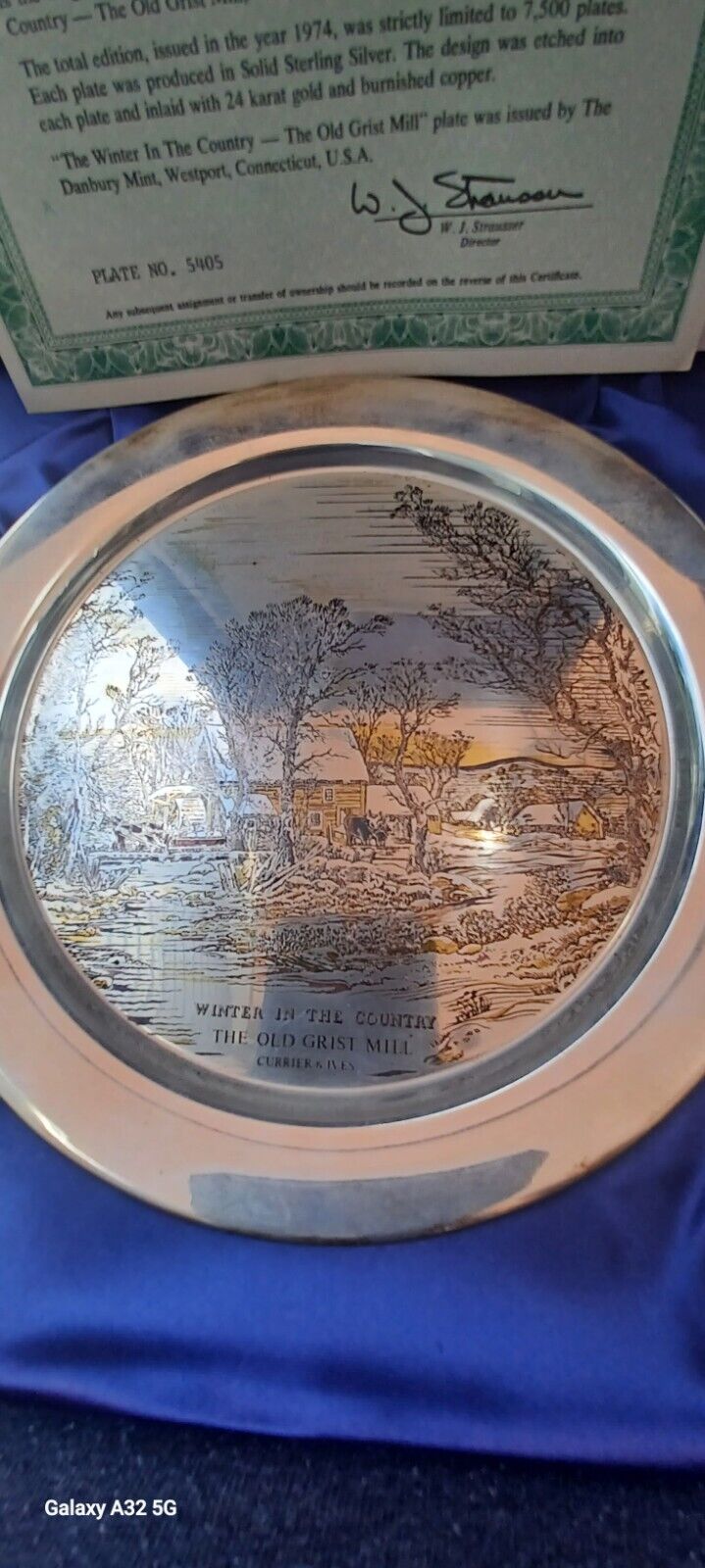 1974 Danbury Mint Currier & Ives The Old Grist Mill Sterling Silver Plate
