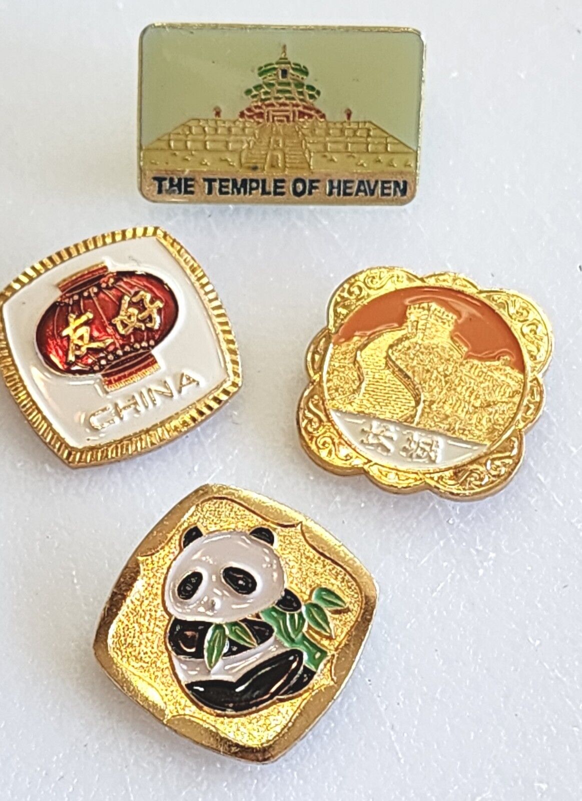 Lot Of 4 Vintage Chinese Exhibition Lapel Pins Panda Gold Tone China Lapel Pin