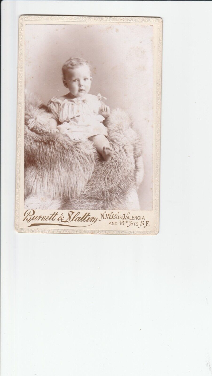 Cabinet Card 1885 S. F. CA,GREAT AD, TODDLER OFF SHOULD DRESS BAR FEET FUR THROW