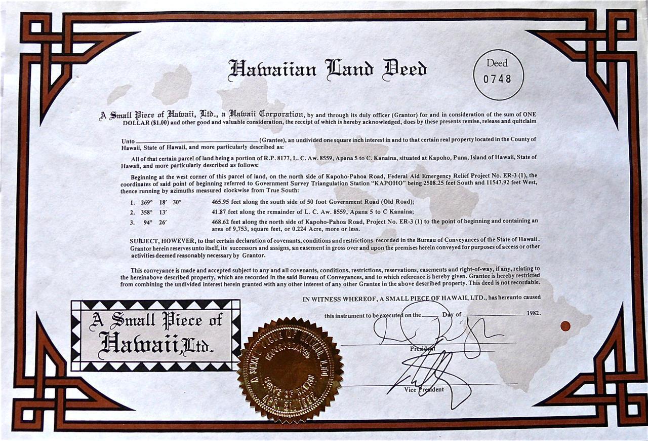 Unusual Gift of Hawaiian Land, Real Deed, Square Inches