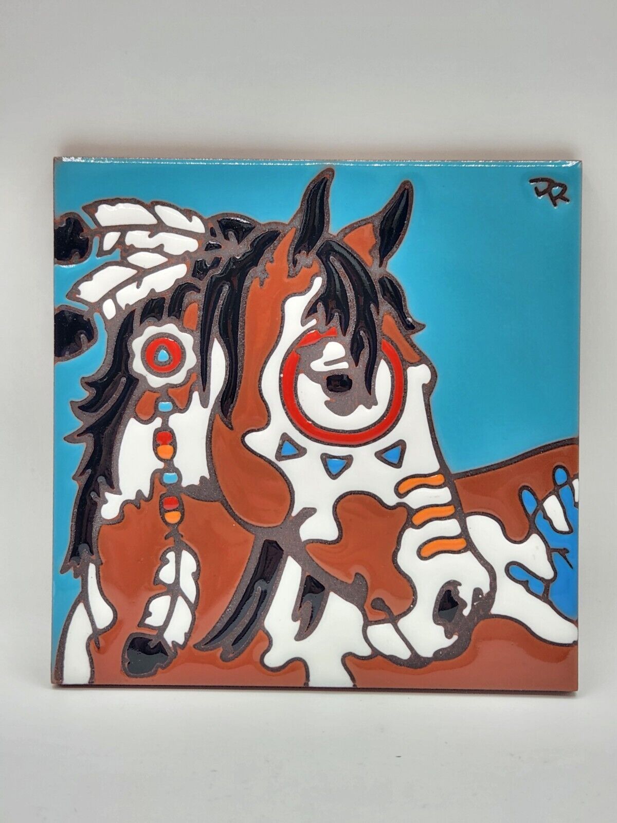 Earthtones Ceramic Tile VTG Handmade Horse War Pony Hand-n-Hand Designs USA