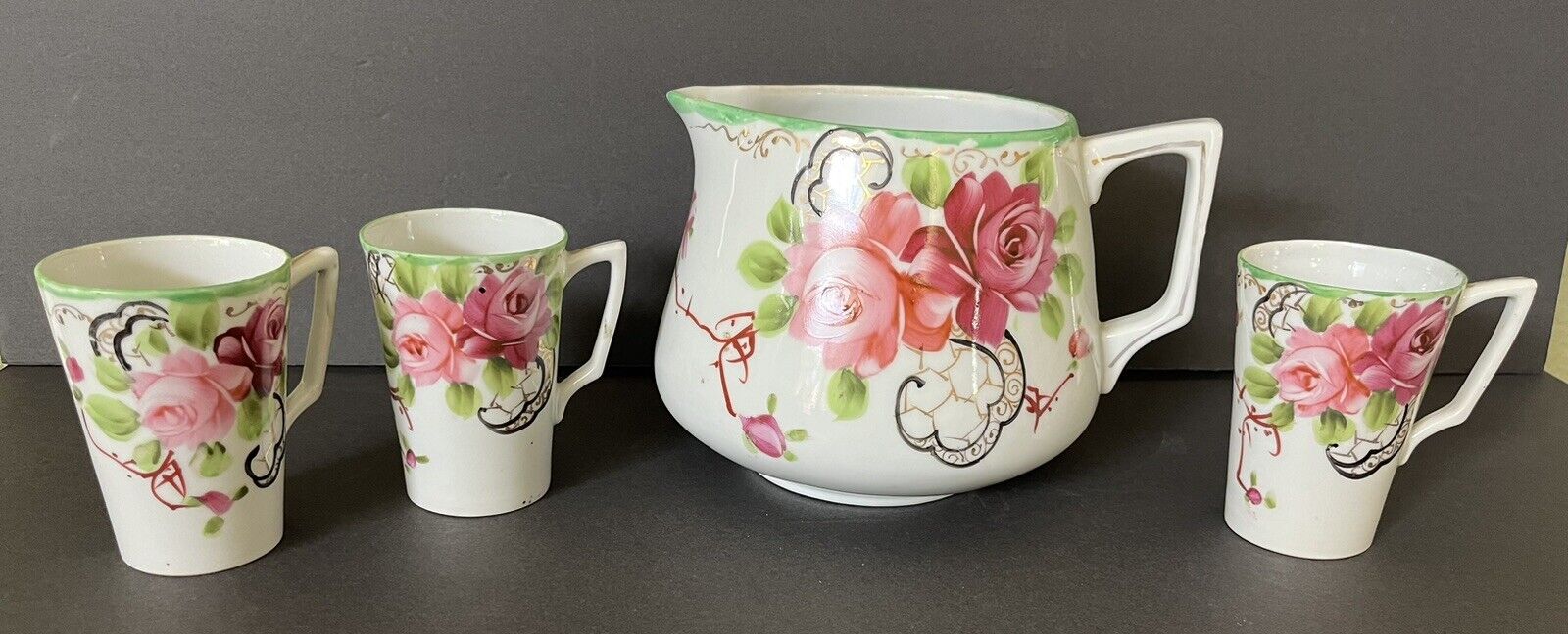Antique Nippon Te-oh Pink Roses Lemonade Set Pitcher 3 Cups Hand Painted