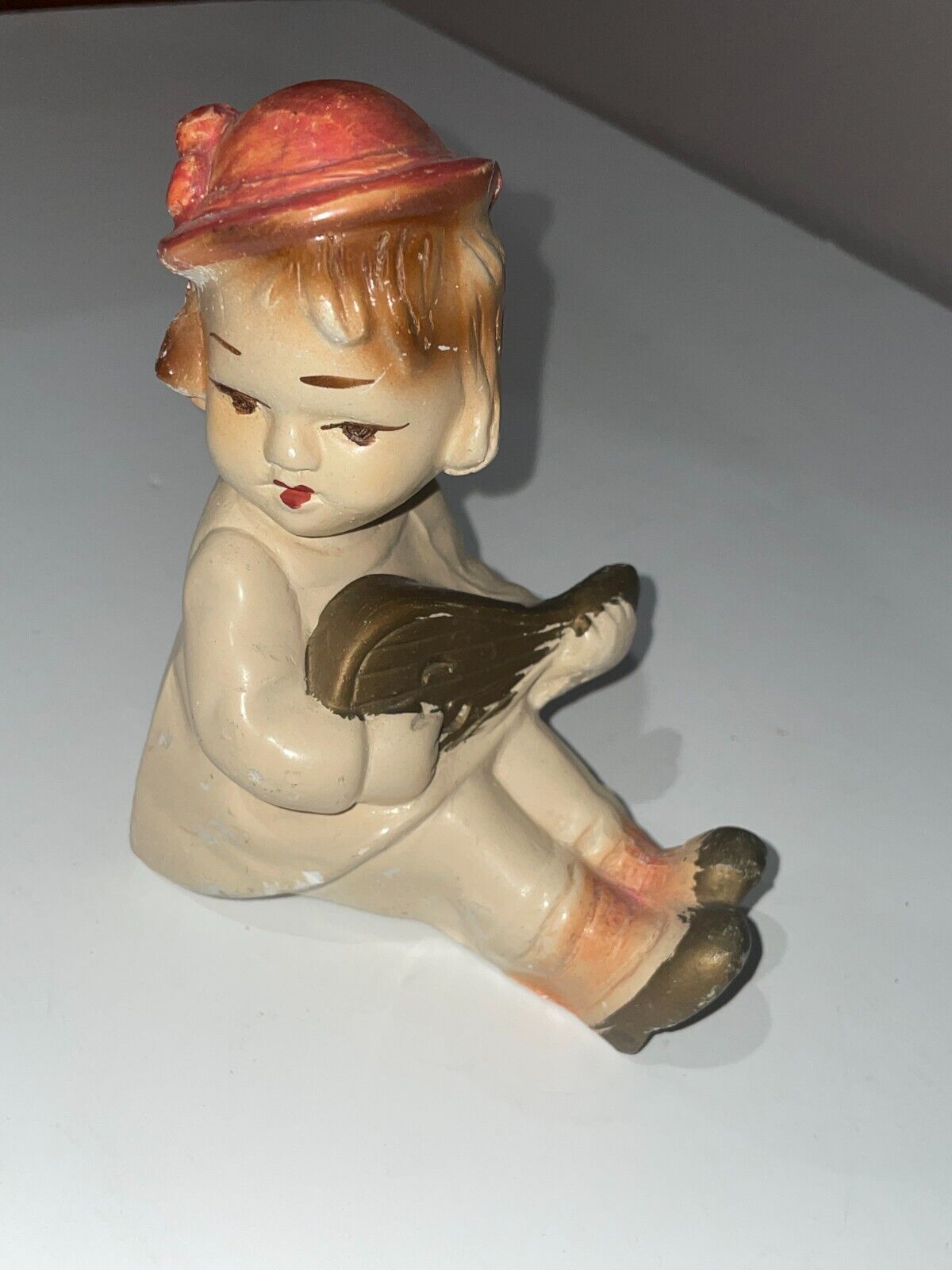 Antique Bisque Figurine Child playing Lute Music Shabby Vintage French Country