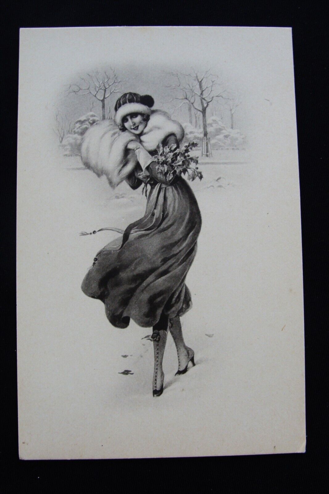 Art Nouveau Lady w Fur Shawl & Handmuff Christmas French Postcard