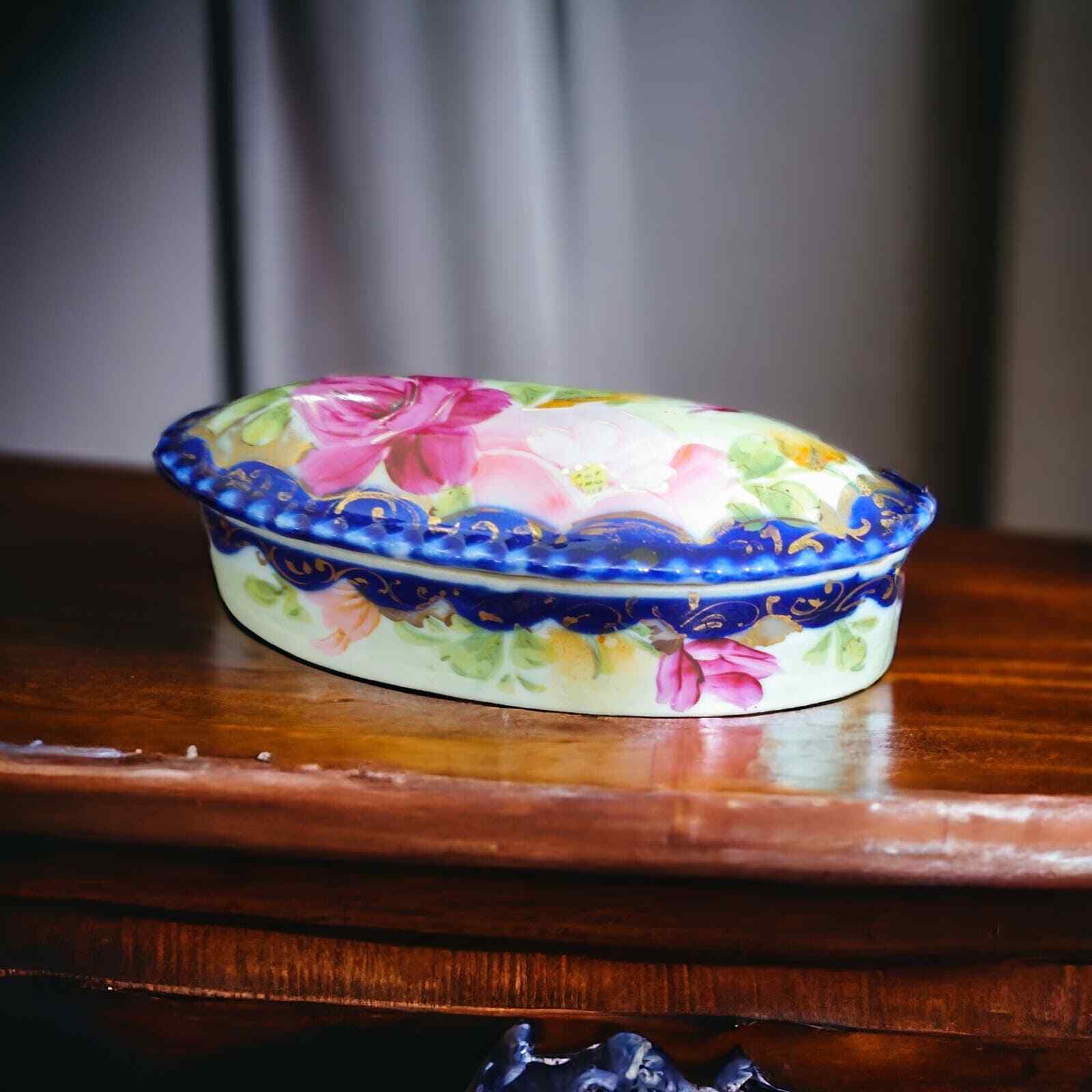 Vintage IE&C Co Japan Hand Painted Porcelain Dresser Box Cobalt Blue Pink Roses