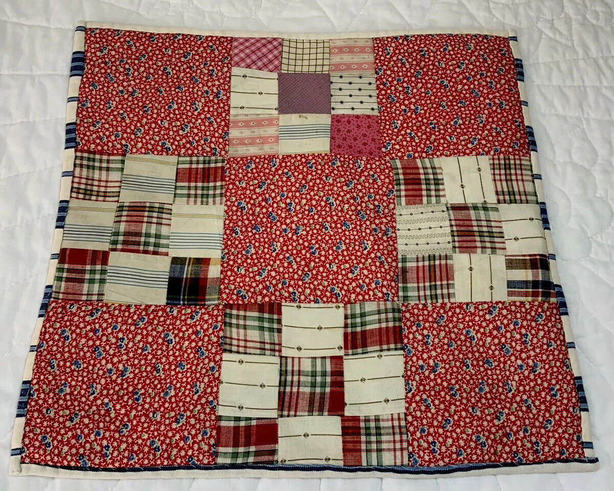Antique Vintage Patchwork Quilt Table Topper, Nine Patch, Early Calico Prints