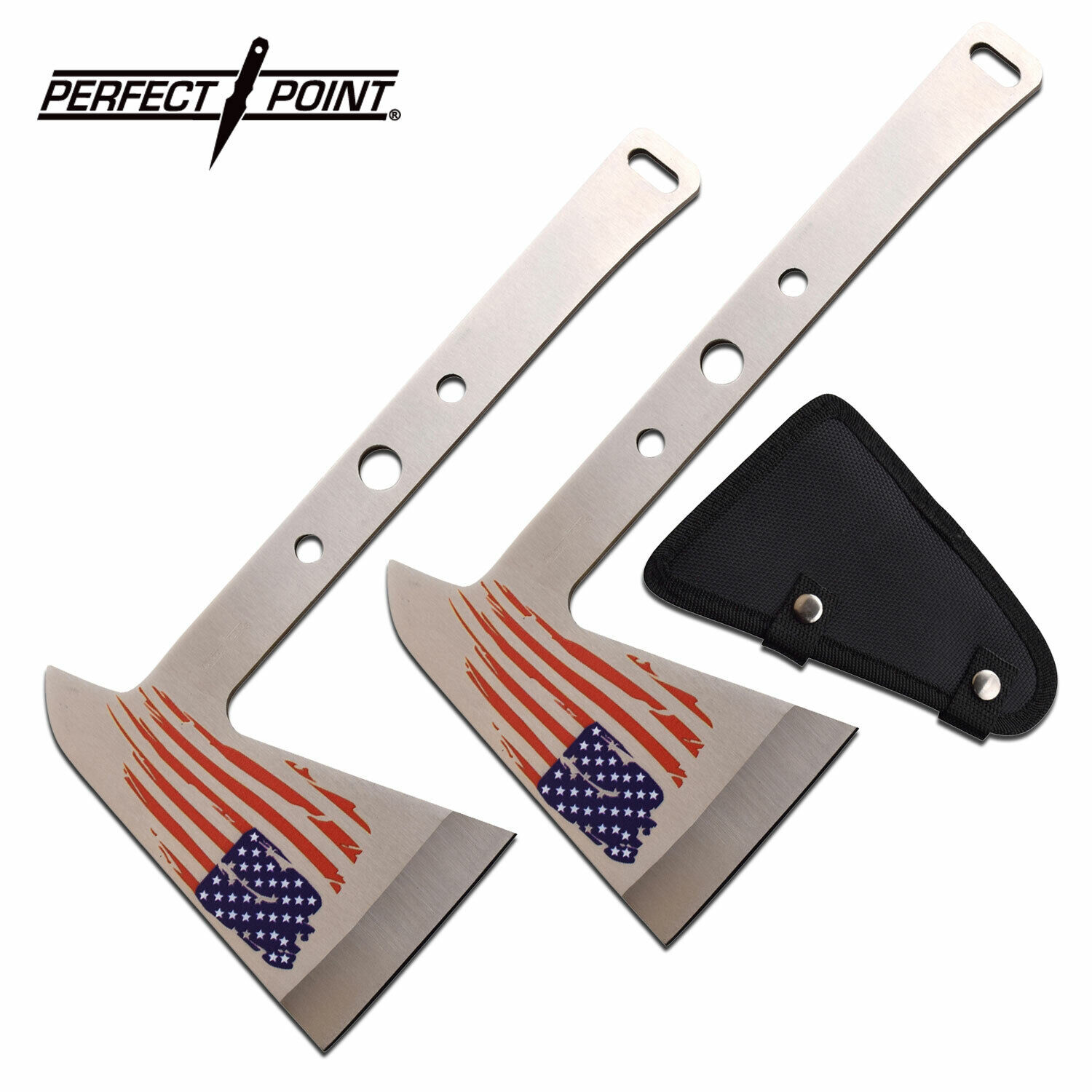 2 PC Perfect Point THROWING AXE SET w/ SHEATH TOMAHAWK FULL TANG PRINTED FLAG