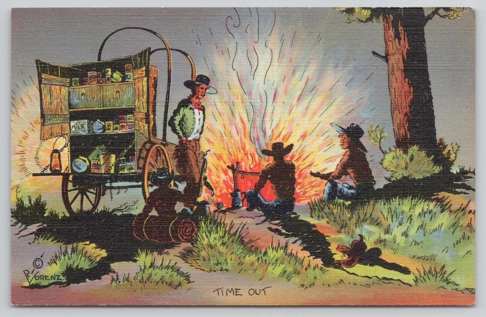 Time Out Cowboys Around Campfire Western Range Scene Funny PM 1947 Postcard