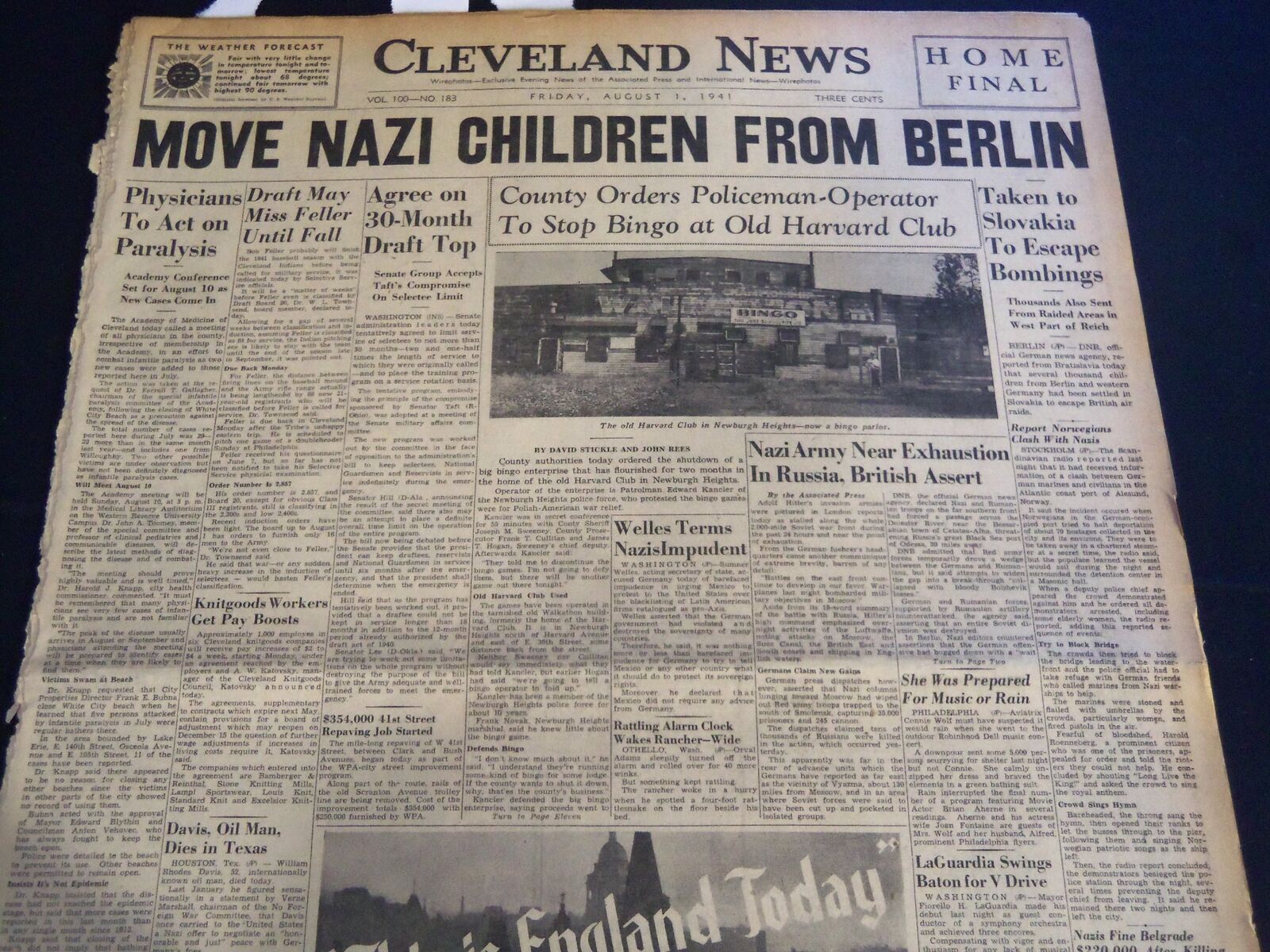 1941 AUGUST 1 CLEVELAND NEWS NEWSPAPER - MOVE NAZI CHILDREN FROM BERLIN- NT 7398