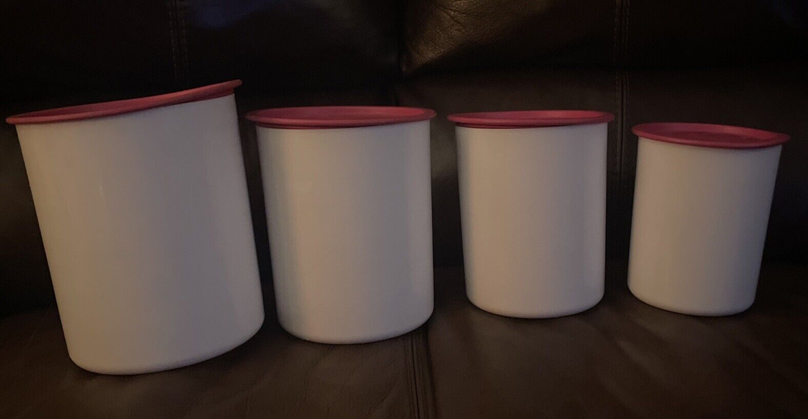 Tupperware Canister Set of 4 White Pink Mauve Lids Made in USA ABCD Vintage