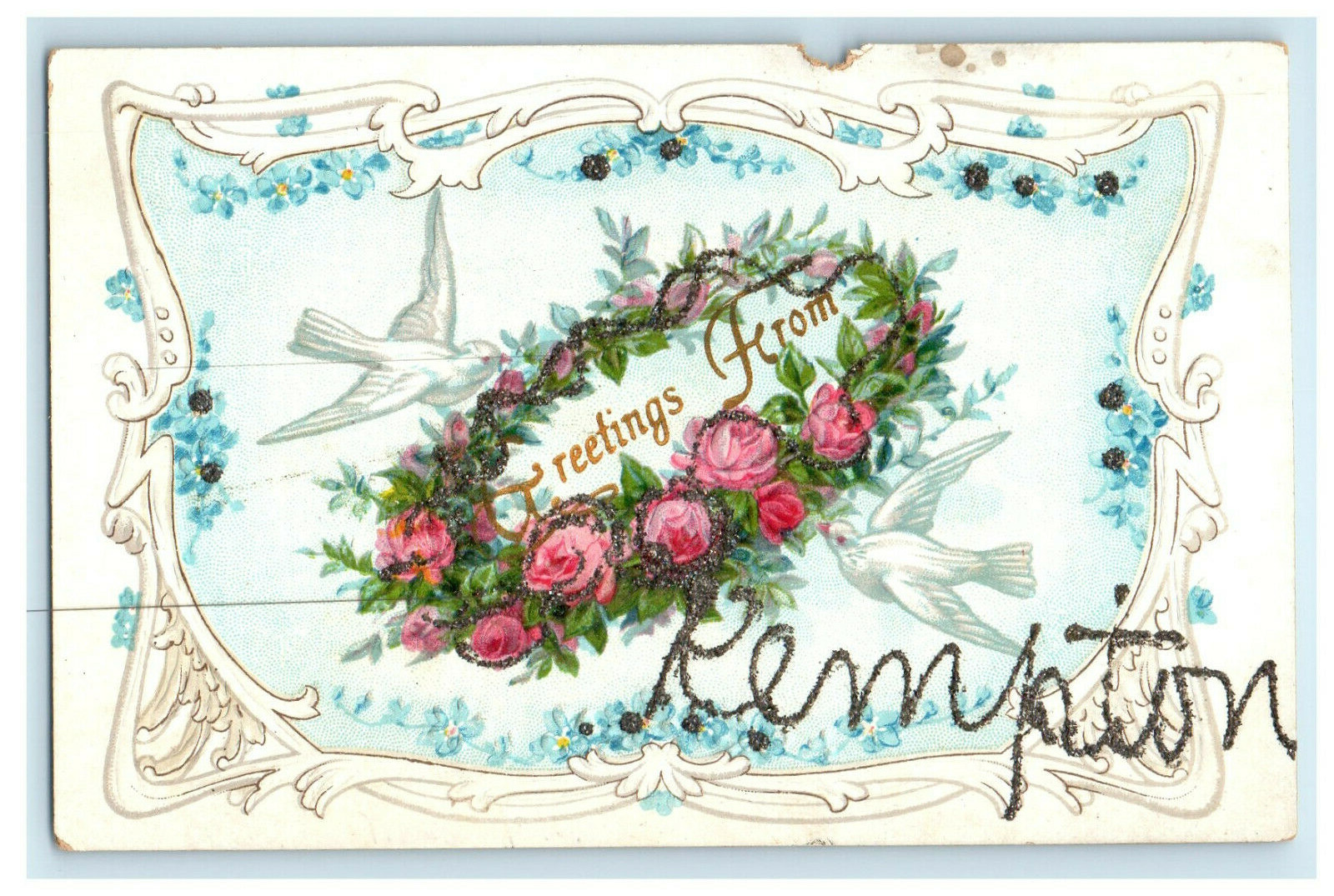 c1910s Flowers, Doves, Glitters, Greetings from Kempton Illinois IL Postcard